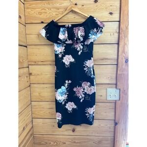 Off Shoulder Floral Ruffle Midi Dress Black Pink Blue Romantic Cottagecore Trad